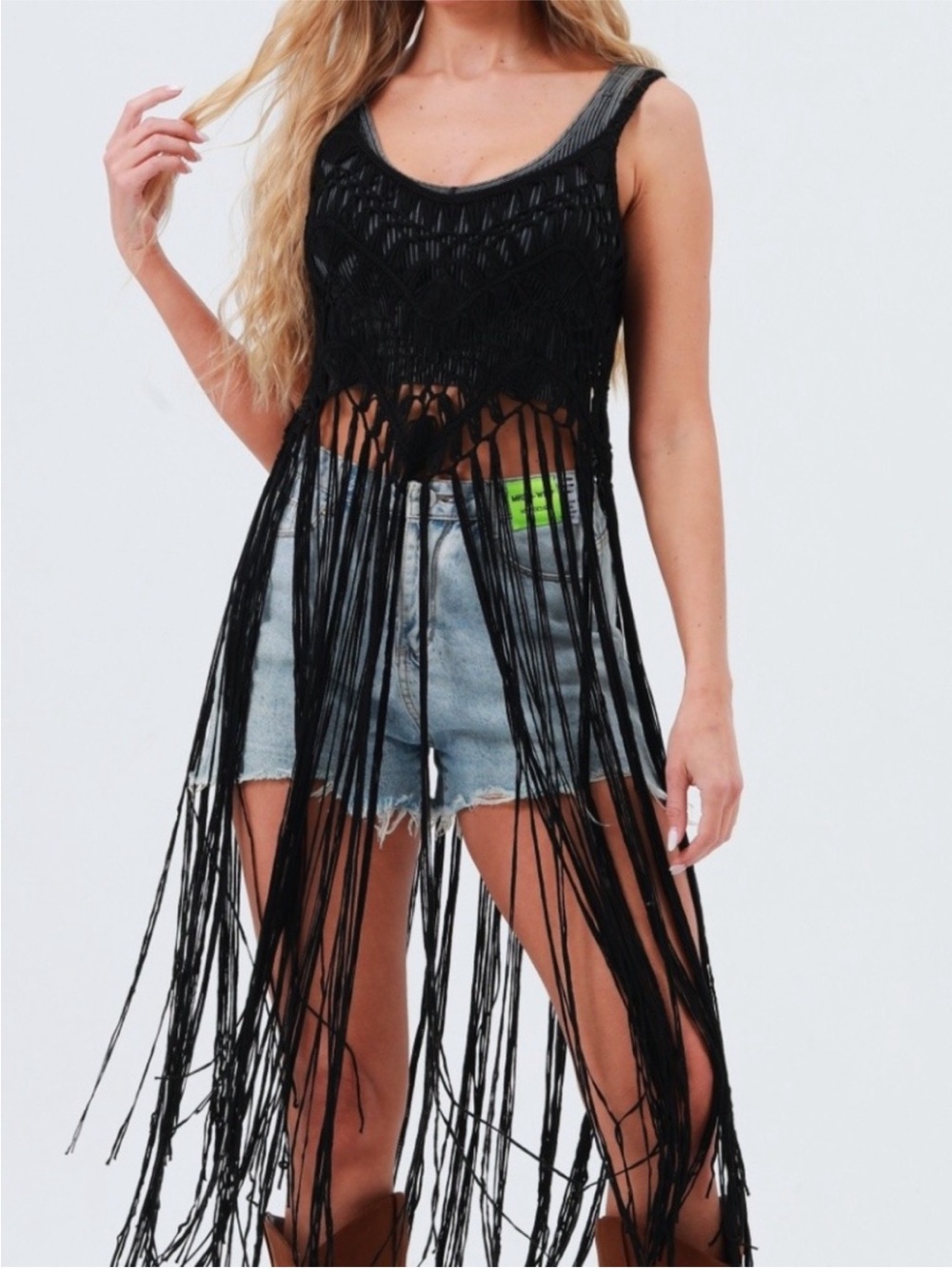 NWT Western Crochet Semi Sheer
Long Tassels Black Tank Top